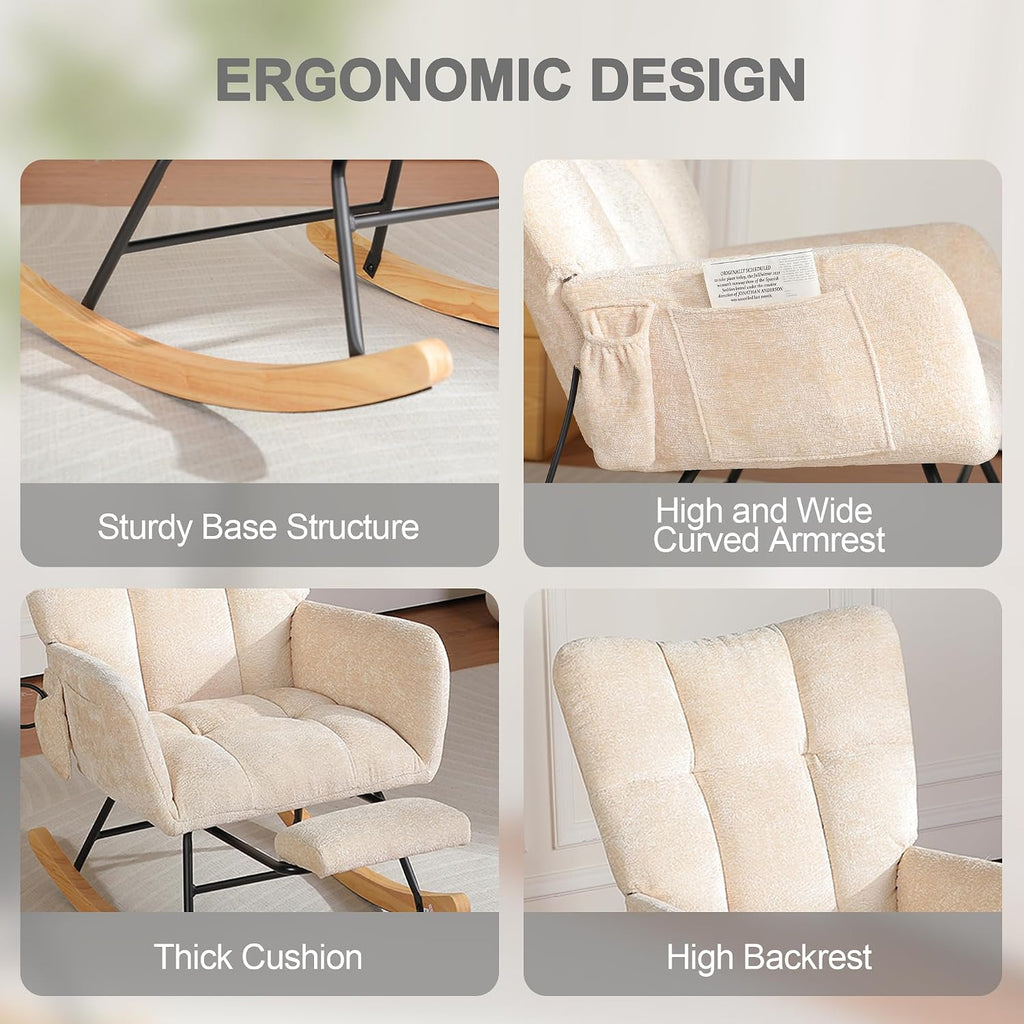 Rocking Chair Nursery with Airbag, Comfy Modern Nursery Rocking Reading Chair Indoor with Footrest, Cozy Upholstered Glider Rocker Chairs for Living Room Bedroom Offices(Chenille, Beige)