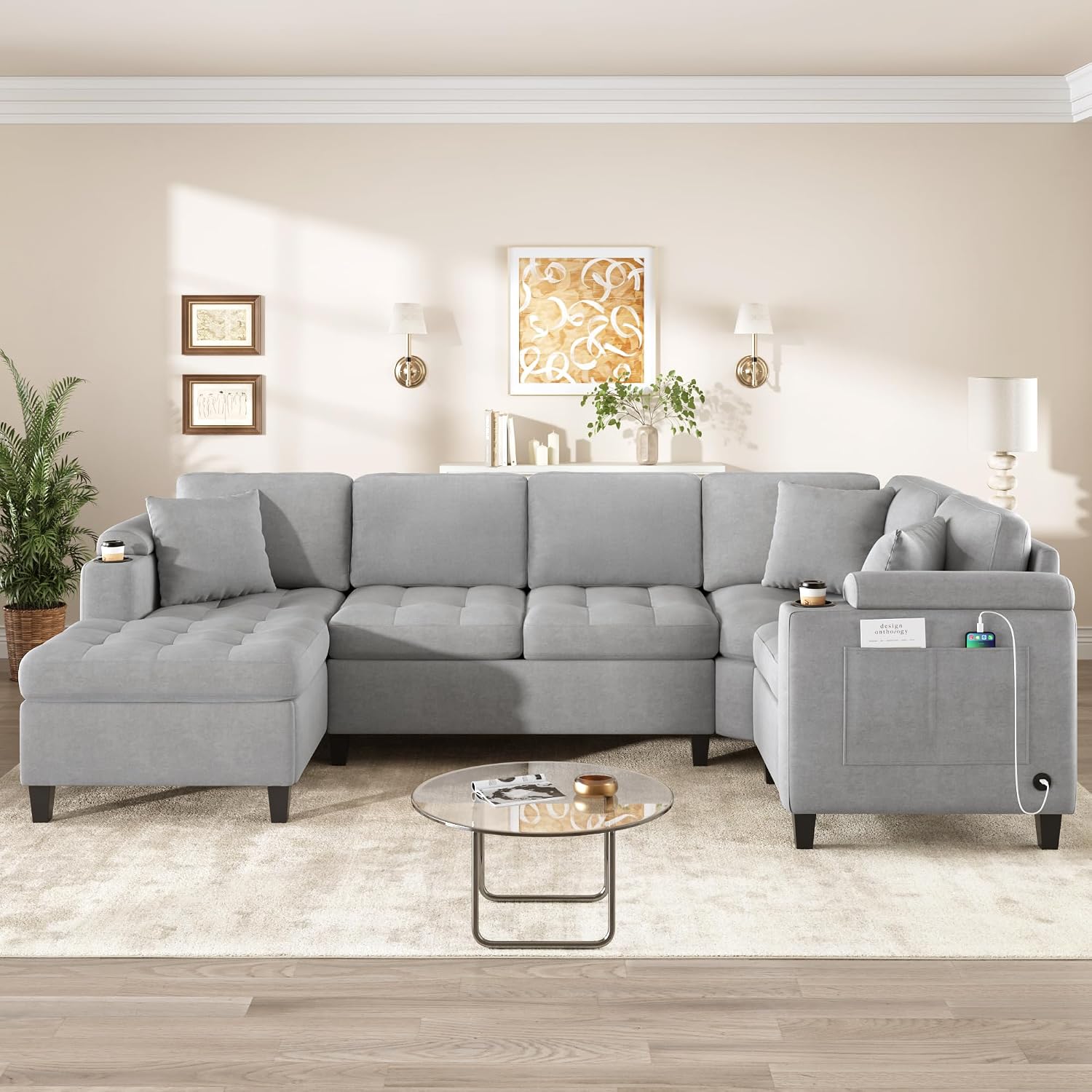 Eafurn Oversized U Shaped Sectional Sofa Tufted Couch w/Left Chaise, 6-Seater Chenille Convertible Corner Couches w/Cup Holders, Storage Armrest and USB Ports