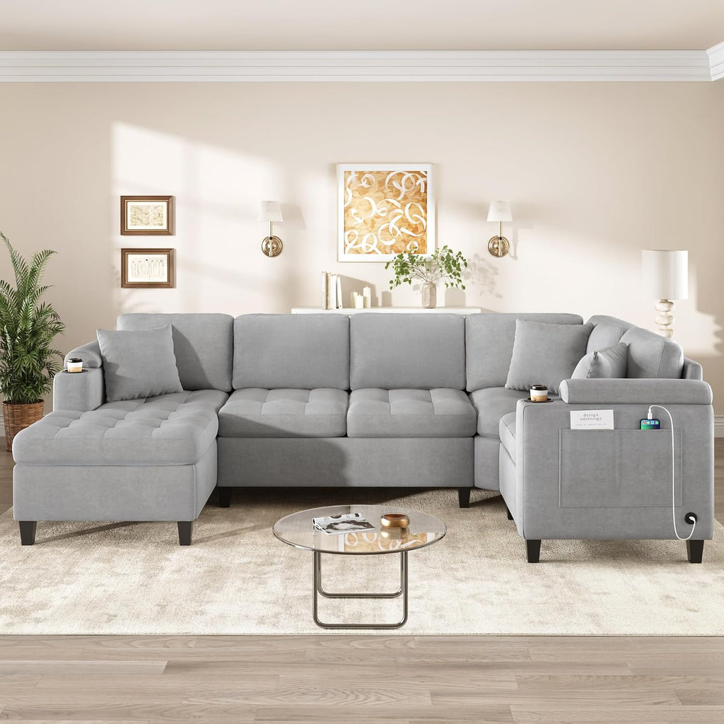 Merax 115.7' U-Shaped Chenille Sectional Sofa, 4 Seat Corner Couch Oversized with Built-in Cup Holders, 3 Pillows, Storage Space for Living Room, Light Grey