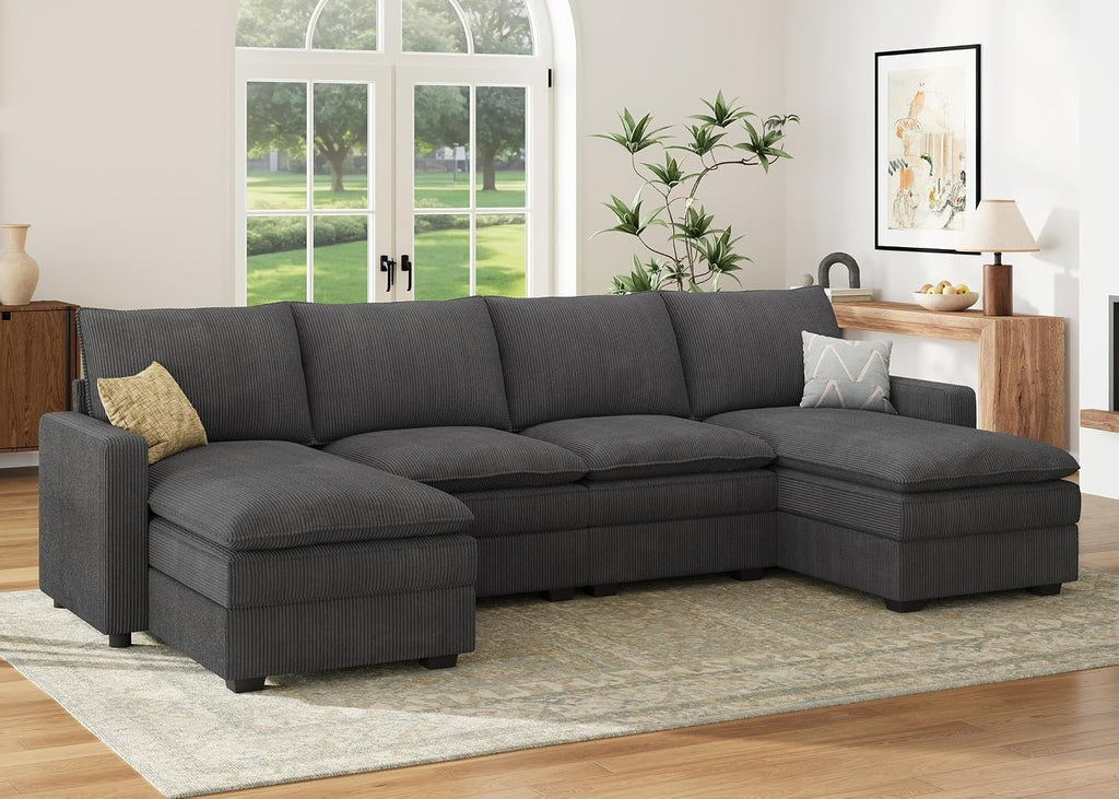 HONBAY 127.2 Inch Corduroy Cloud Modular Sectional Sofa with Chaise, Deep Seat U-Shaped Couch with Storage for Living Room, Apartment, Small Space,Dark Grey