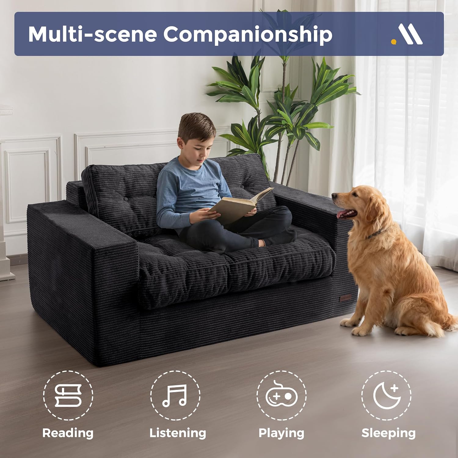 MAXYOYO Bean Bag Chair for Adults, Upholstered Floor Sofa with Armrests, Loveseat Boneless Couch with Tufted Cushion & Backrest, Sofa in A Box, Large Bean Bag Couch for Bedroom Living Room, Black
