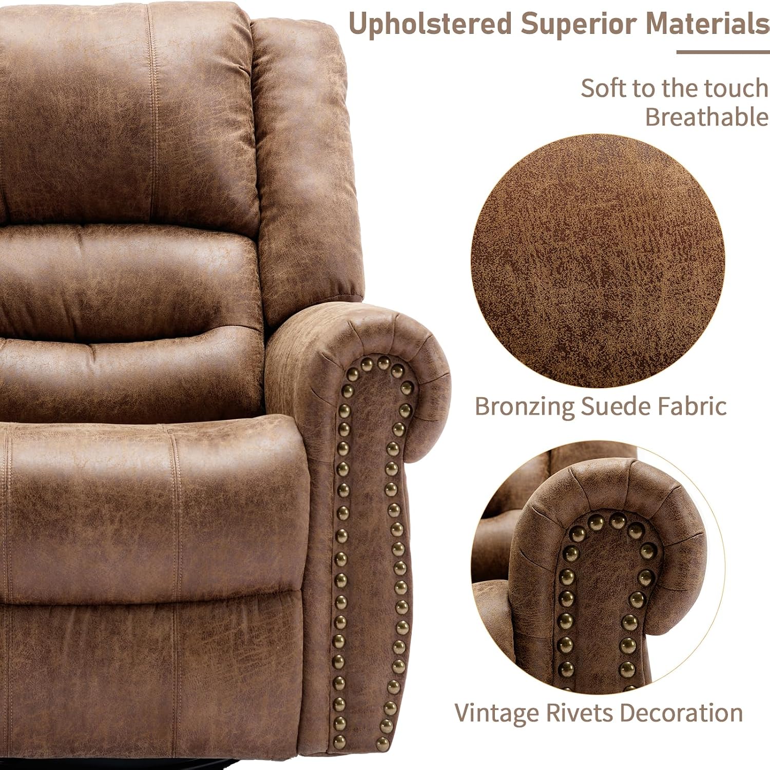 Manual Swivel Rocker Recliner with Heat and Vibration, 360° Swivel Glider Rocking Recliner, Ergonomic Lounge Massage Recliner Chairs with Side Pockets & USB Ports, Nut Brown