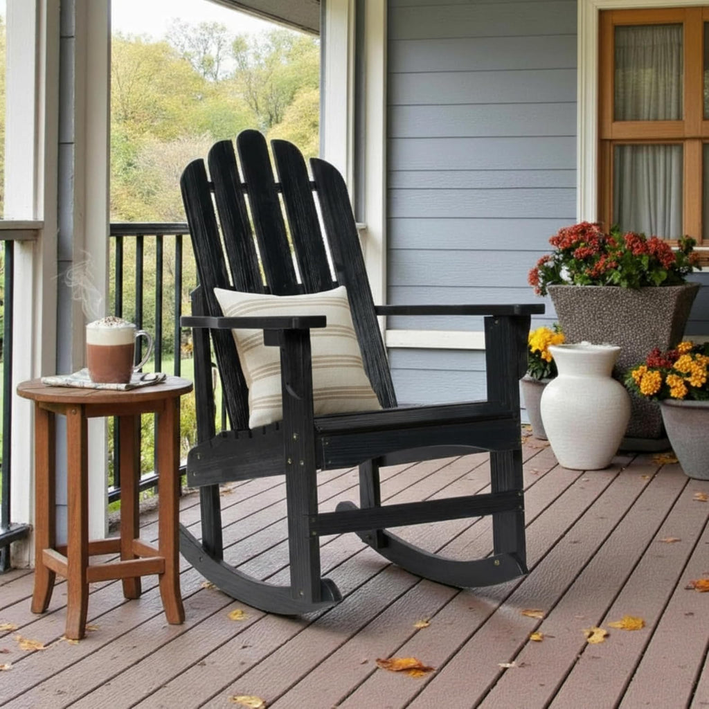 Shine Company Marina Adirondack Porch Rocker, Indoor Outdoor Wood Rocking Chair, Black