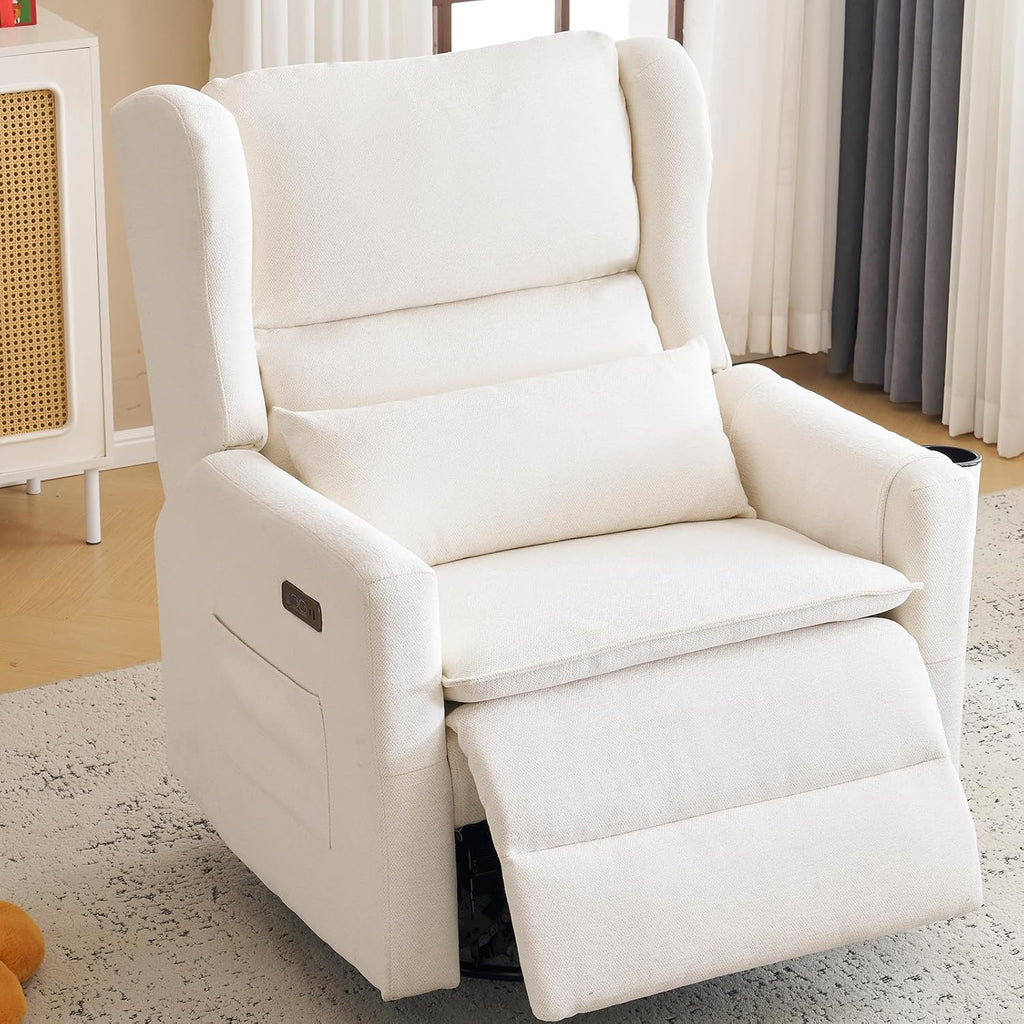 Oversized Swivel Rocker Recliner with Lumbar Cushion,Power Recliner Nursery Chair with Adjustable Headrest,Nursery Glider Recliner for Living Room,White
