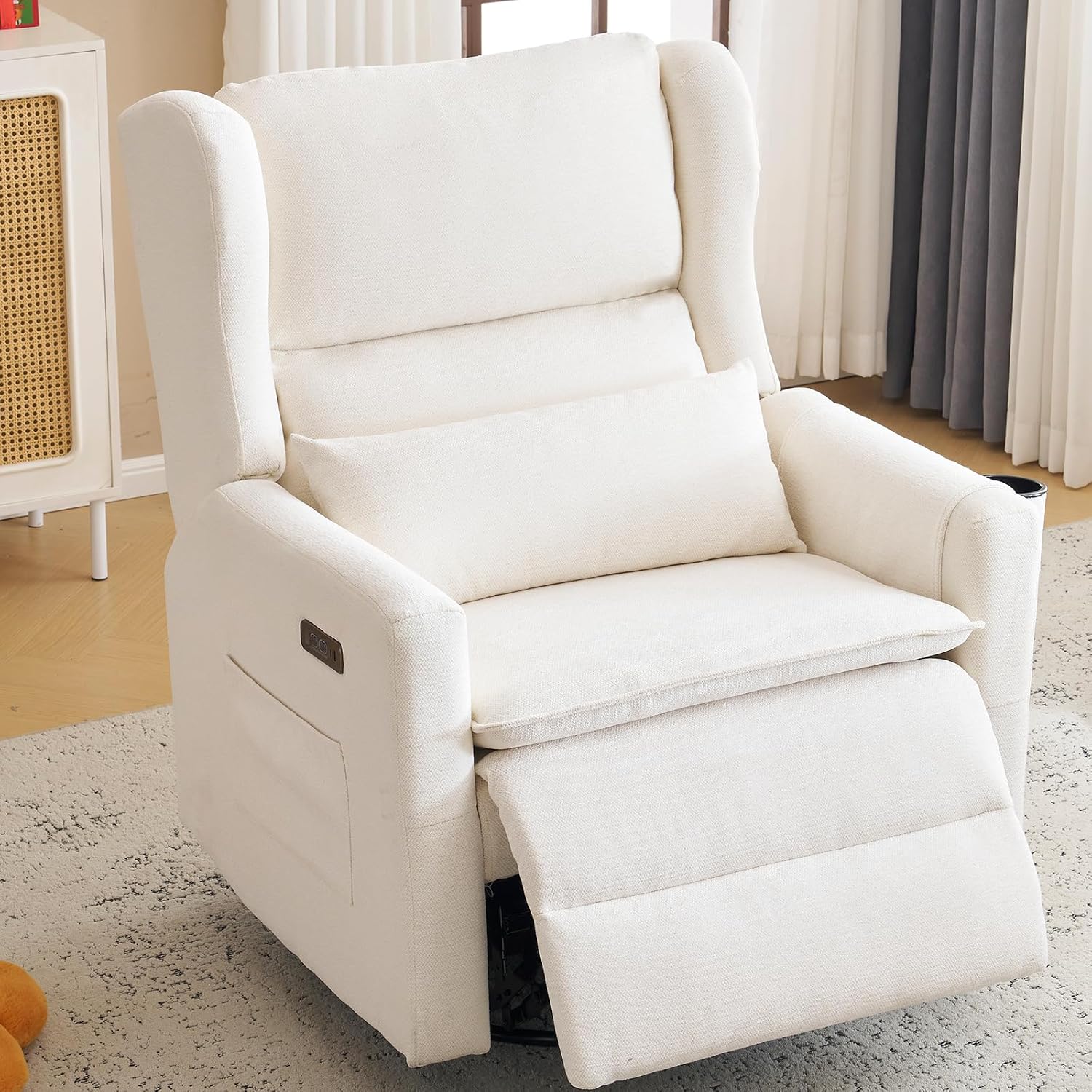 Oversized Swivel Rocker Recliner with Lumbar Cushion,Power Recliner Nursery Chair with Adjustable Headrest,Nursery Glider Recliner for Living Room,White