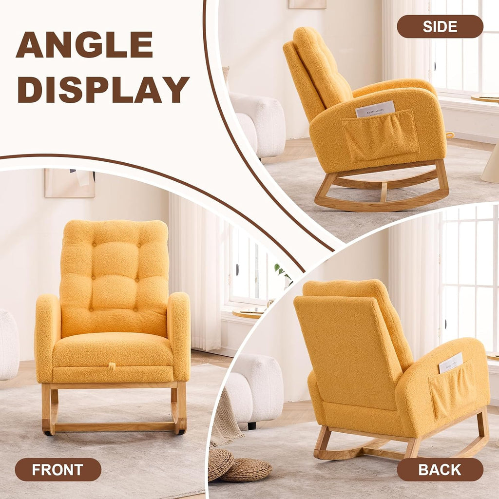 Nursery Rocking Chair,Rubber Wood Base Glider Rocking Chair with Adjustable Footrest and Side Pocket,Teddy Fleece Glider Rocker for Living Room, Bedroom (Teddy Fleece, Yellow)
