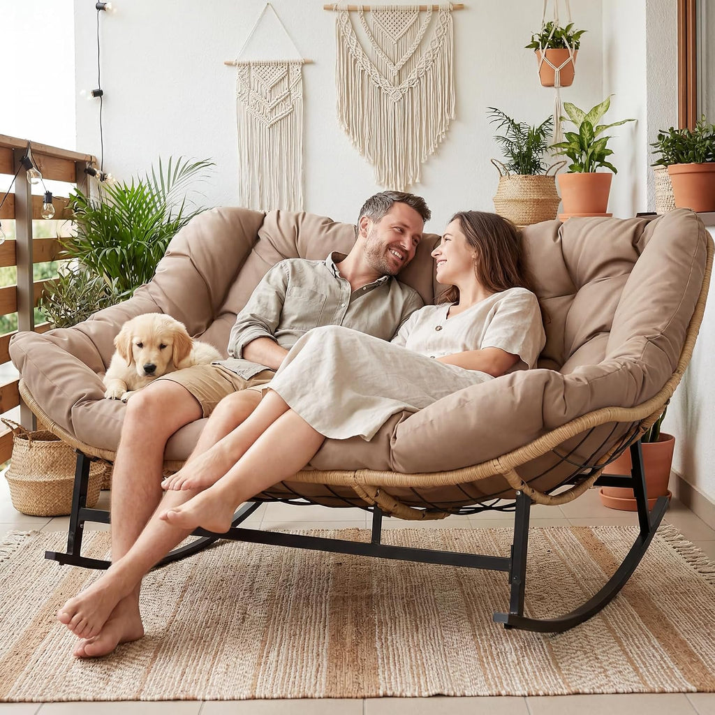 NICESOUL Patio Papasan Rocking Chair for 2, Indoor Outdoor Double Egg Recliner Rocker w/Padded Cushion, Large Wide Oversized Rattan Lounge Glider for Living Room Balcony Inside Outside, Brown