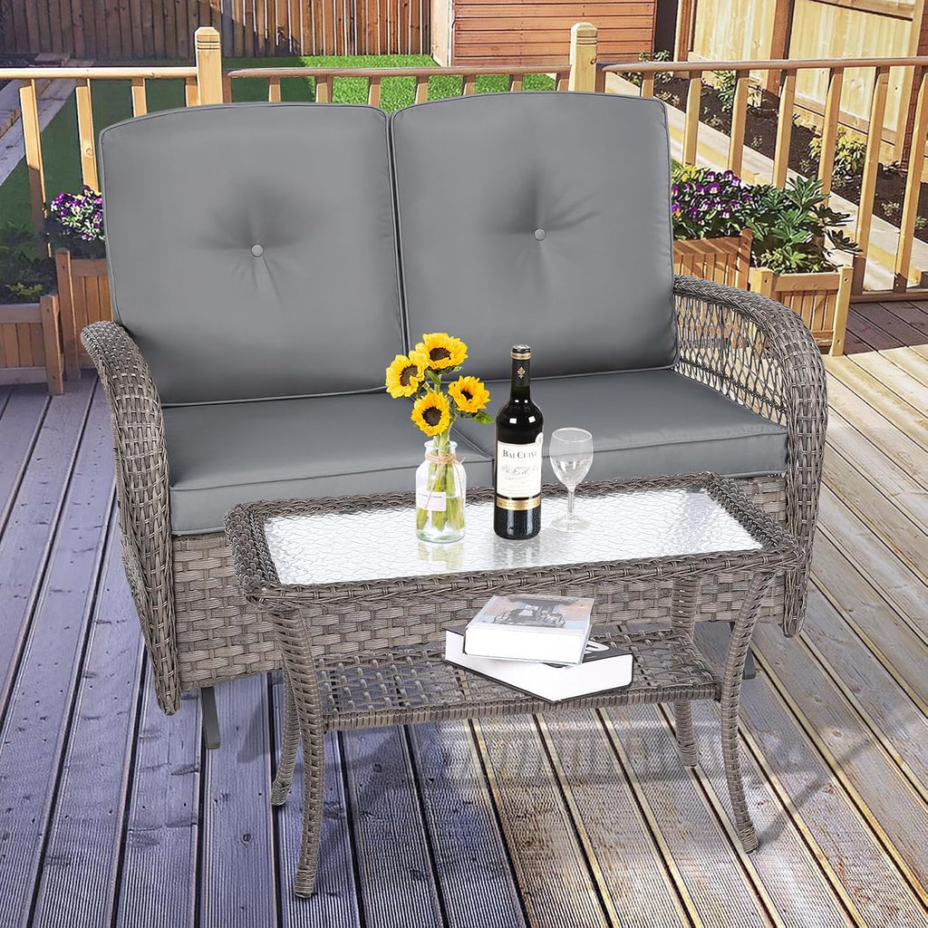 VIVIJASON 2-Piece Patio Wicker Loveseat Glider Set Cushioned, Outdoor Conversation Furniture Sets with 2-Seater Glider Rocking Bench, Coffee Table and Cushions for Porch Garden Poolside, Grey