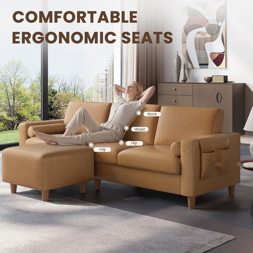 Vesgantti 100' L Shaped PU Leather Sofa with Movable Ottoman, 3 Seater Faux Leather Couch with Side Pocket, Comfy Modern Modular Sectional Couch for Living Room, Apartment, Camel