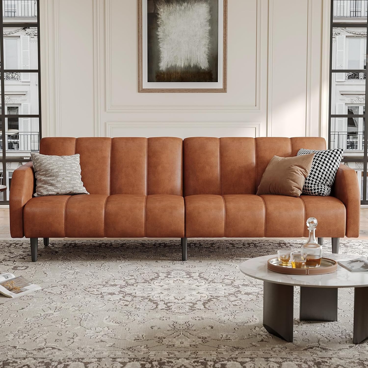 COPIAE Faux Leather Sofa Bed, 78' Futon Sofa Bed, Adjustable Futon Set Backrest, Sleeper Sofa Couch, Modern Decor Love Seat Couches, Upholstered Couch for Living Room, Bedroom, Light Brown