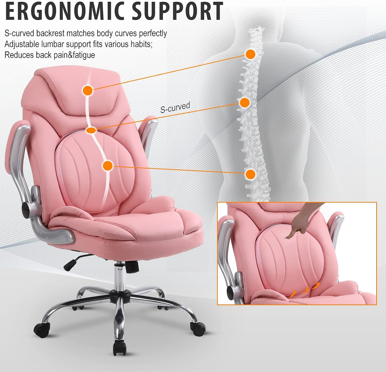 Ergonomic Executive Office Chairs with Adjustable Lumbar Support, 90-120° Rocking Managerial Chair Swivel Desk Chairs with Padded Flip-up Armrests (Pink), Medium(300lbs)