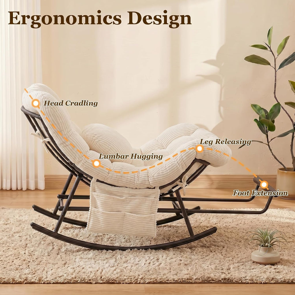Rocking Chair Indoor & Outdoor, Oversized Patio Papasan Recliner Chair with Footstool Pillow & Side Pocket for Bedroom, Living Room, Garden, Balcony, Lawn (Beige)