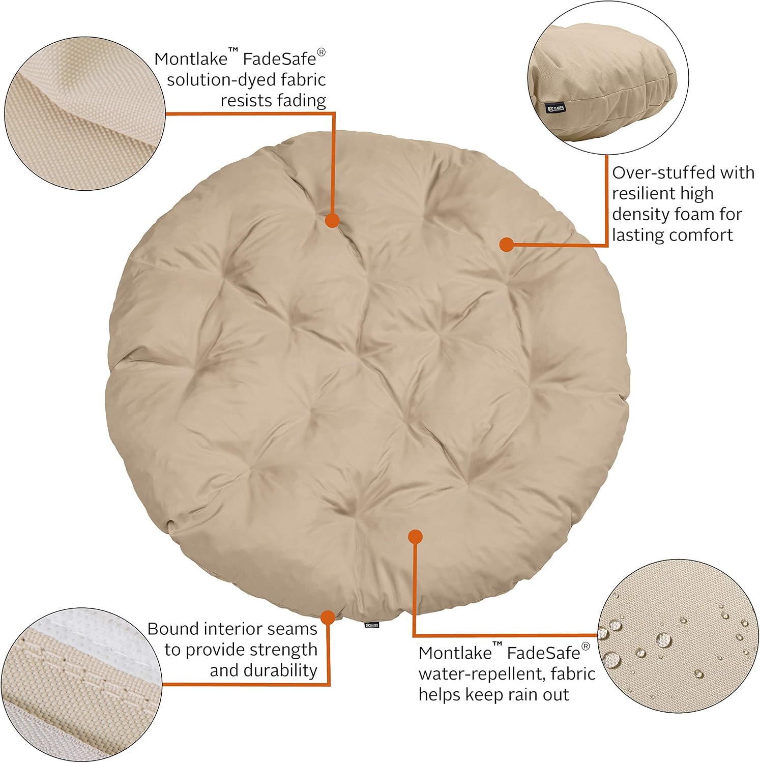 Classic Accessories Montlake Water-Resistant 50 Inch Papasan Cushion, Antique Beige, Outdoor Papasan Cushion
