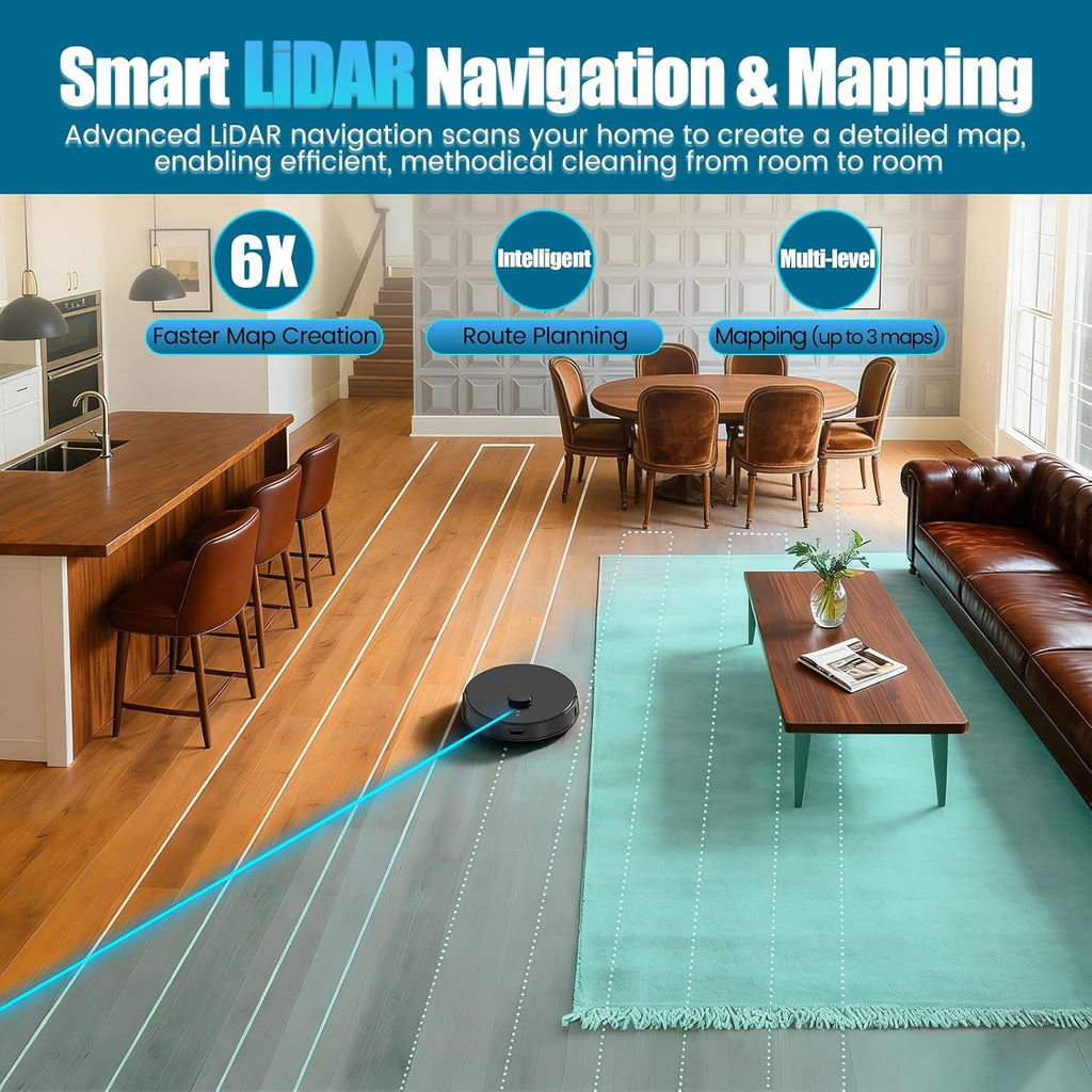 Robot Vacuum and Mop Self-Emptying with 8,000Pa Suction, LiDAR Navigation, Home Mapping, 75-Day Capacity, No-Go Zones, 150 Mins, APP＆Voice Control for Pet Hair, Hard Floors, Carpets, E10+