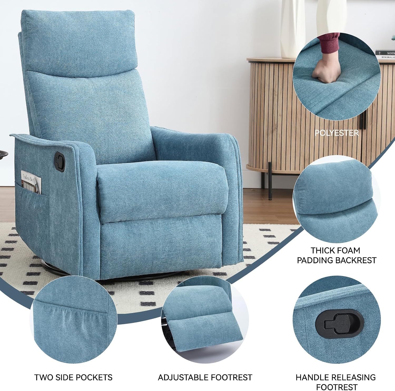 Anwick 360° Swivel Rocker Recliner Chair with Heat and Massage, Manual Upholstered Recliner for Small Spaces, Fabric Glider Nursery Chair with Side Pockets for Living Room (Blue)