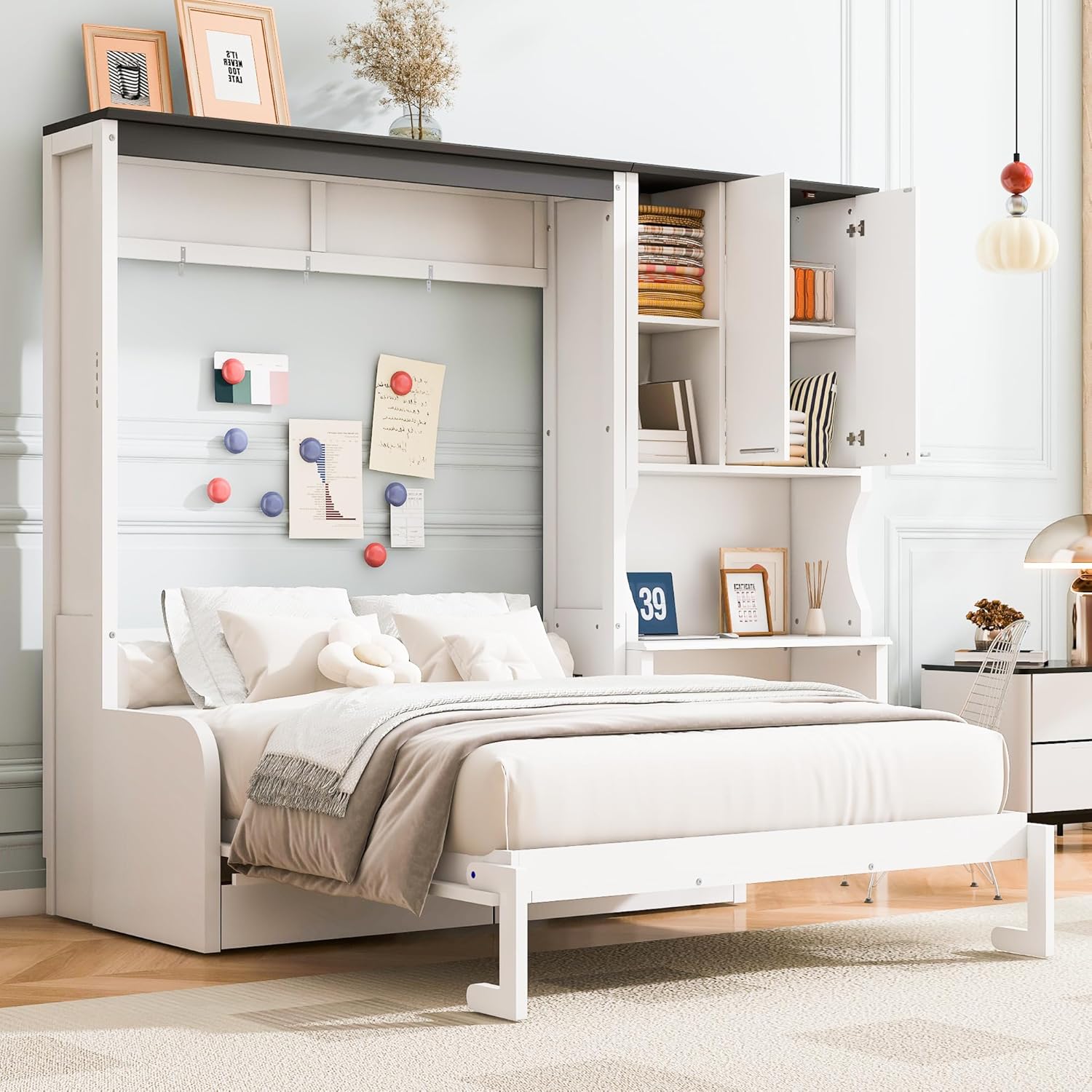 Merax Farmhouse Multi-Functional Murphy Bed with Sofa, Desk & Storage Cabinet,Solid Wood Foldable Wall Bed/Space Saving/No Box Spring Needed/Full,White + Gray