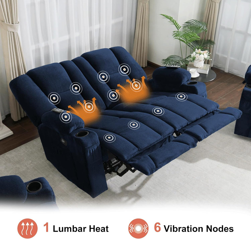 MCombo Zero Gravity Power Loveseat Sofa, Heat and Massage, Reclining Loveseat for Living Room, Fabric 6035SET (Navy Blue, Loveseat)