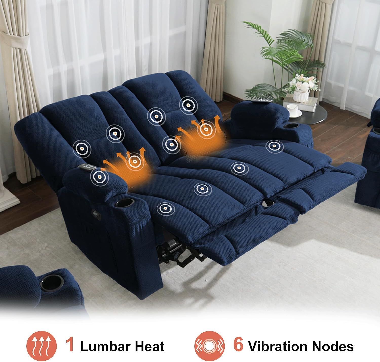 MCombo Zero Gravity Power Loveseat Sofa, Heat and Massage, Reclining Loveseat for Living Room, Fabric 6035SET (Navy Blue, Loveseat)