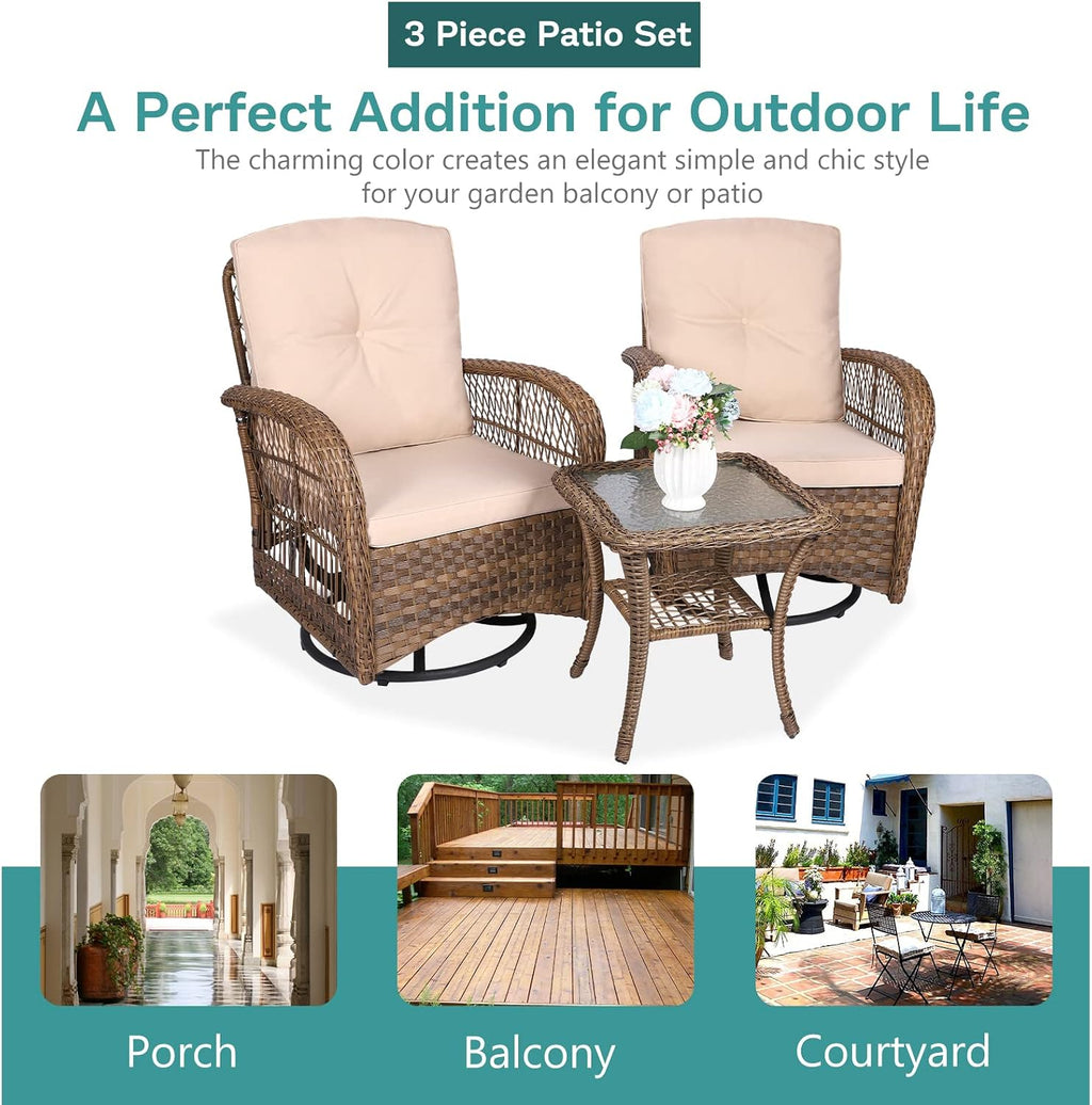 MEETWARM 3 Pieces Outdoor Wicker Swivel Rocker Patio Set, Rocking Chairs Rattan Patio Furniture Sets with Thickened Cushion and Glass-Top Coffee Table, Conversation Bistro Set for Porch (Light Brown)