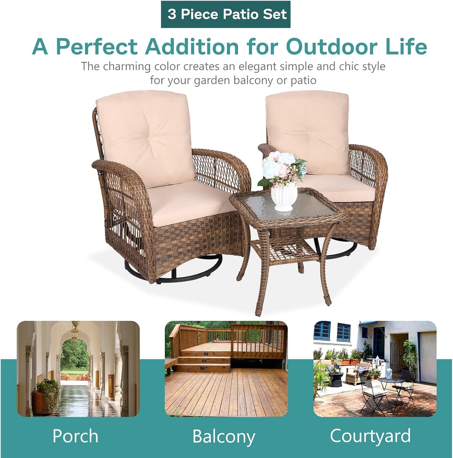 MEETWARM 3 Pieces Outdoor Wicker Swivel Rocker Patio Set, Rocking Chairs Rattan Patio Furniture Sets with Thickened Cushion and Glass-Top Coffee Table, Conversation Bistro Set for Porch (Light Brown)