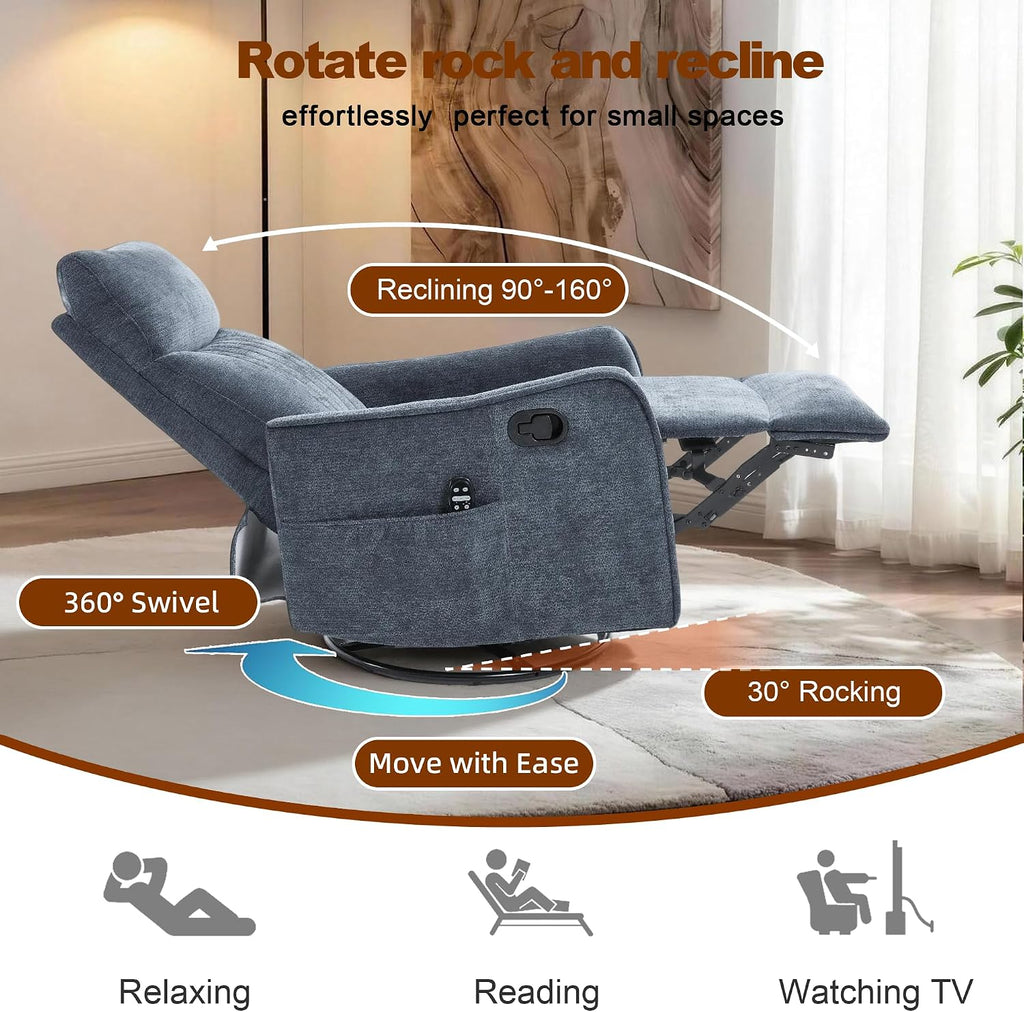 Casaphoria 360° Swivel Rocking Recliner Chair with Heat and Massage Upholstered Fabric Nursery Glider with Side Pocket for Living Room,Bedroom,Home Theater and RV Small Space(Blue)