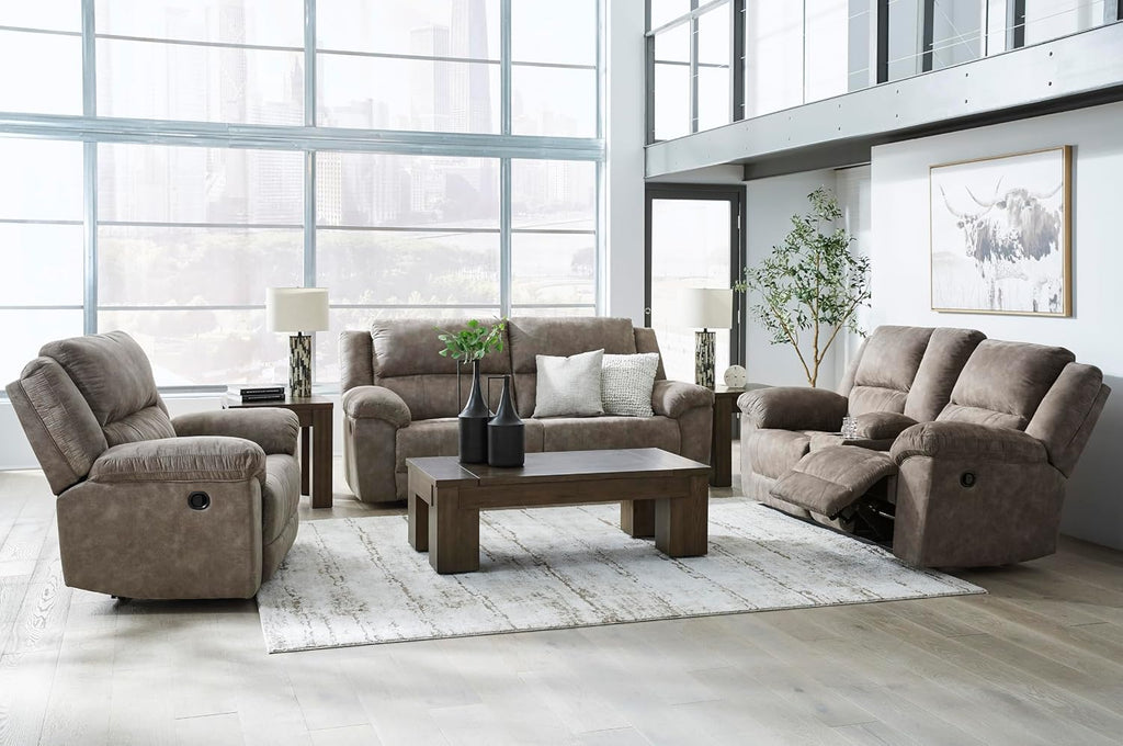 Signature Design by Ashley Laresview Contemporary Faux Leather Manual Double Reclining Loveseat with Console, Storage and Cup Holders, Gray