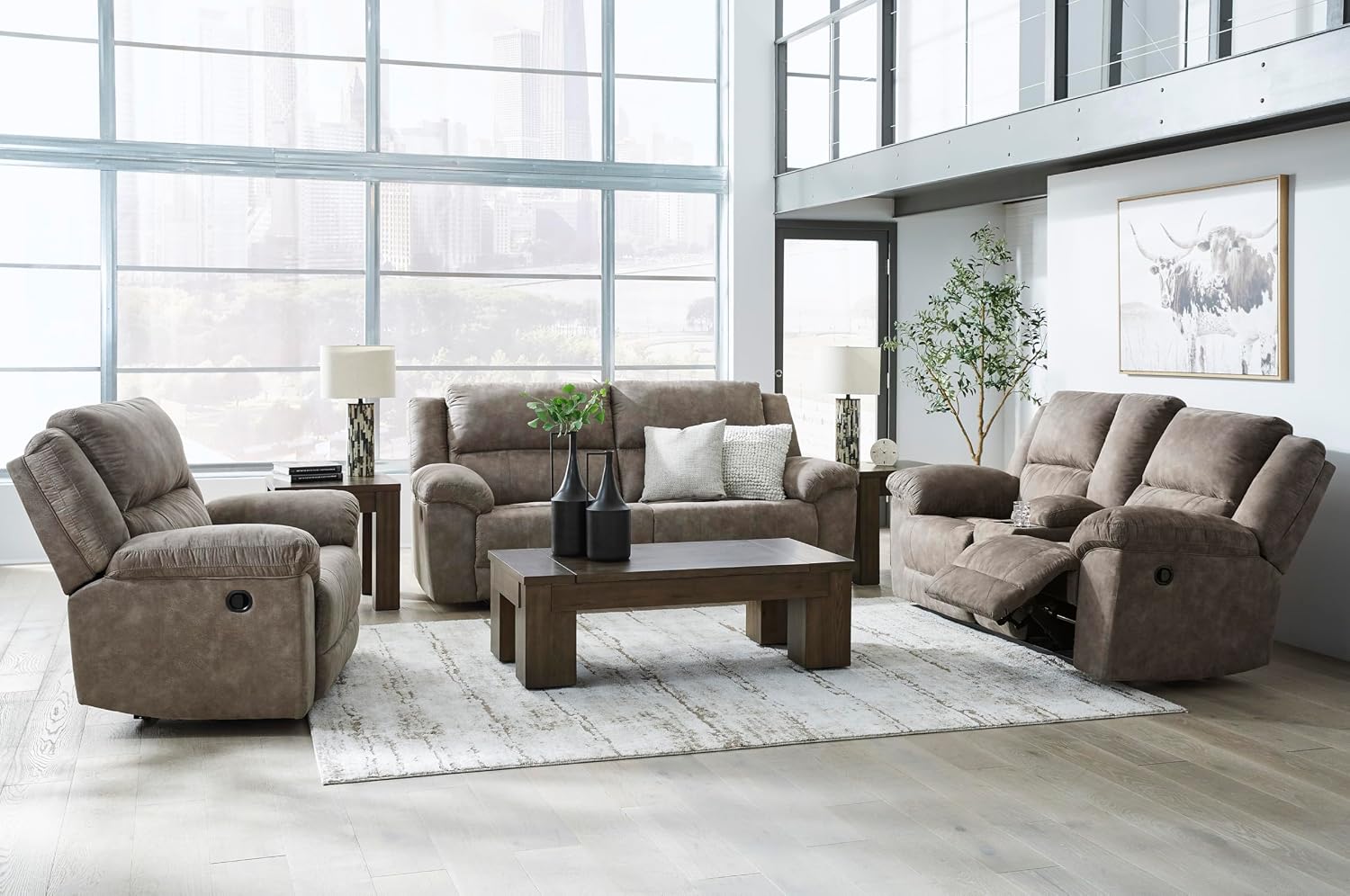 Signature Design by Ashley Laresview Contemporary Faux Leather Manual Double Reclining Loveseat with Console, Storage and Cup Holders, Gray