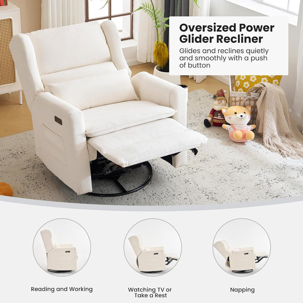 Oversized Swivel Rocker Recliner with Lumbar Cushion,Power Recliner Nursery Chair with Adjustable Headrest,Nursery Glider Recliner for Living Room,White