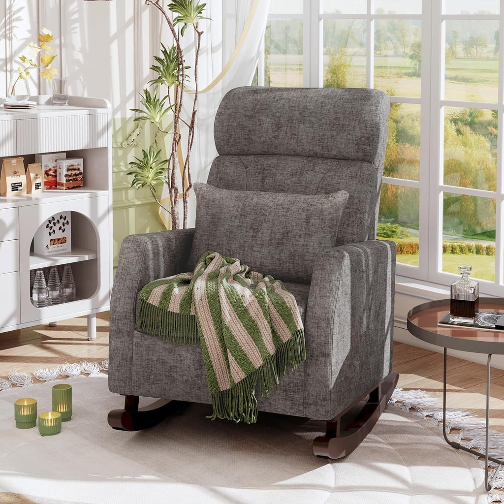 ALPHA HOME Rocking Chair, Glider Chair for Nursery with Lumbar Pillow, High Back Rocker Armchair with Solid Wood Legs for Indoor Living Room, Baby Room, Bedroom(Grey)
