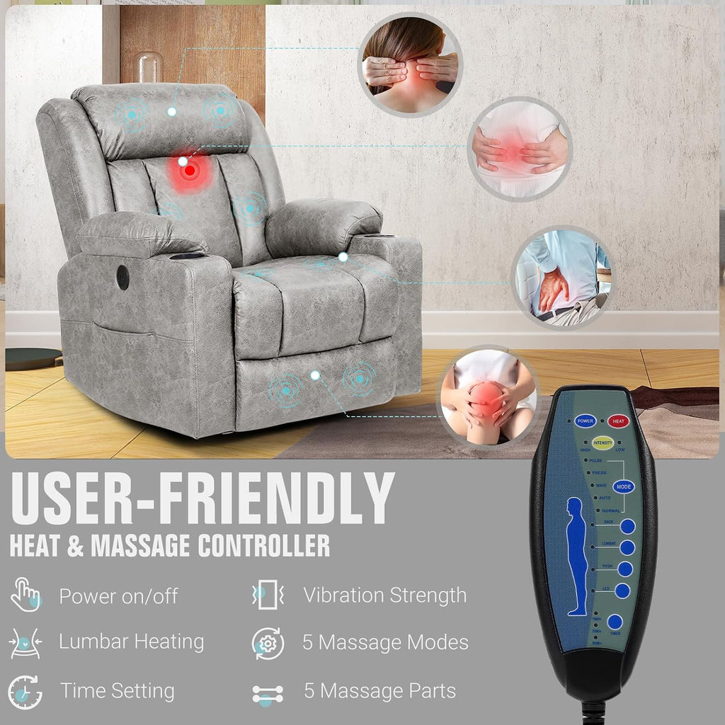 LAFWELL Retro Rocking Recliner Chair, Massage Rocker Recliner Chair with Vibration Massage and Heat, USB and Type-C Ports,360° Swivel Chairs, Living Room, Bedroom, Nursery, RV, Light Grey