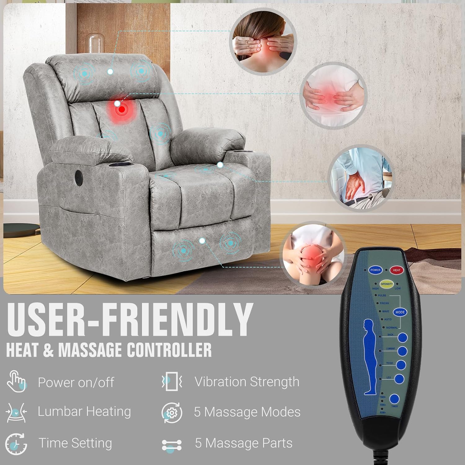 LAFWELL Retro Rocking Recliner Chair, Massage Rocker Recliner Chair with Vibration Massage and Heat, USB and Type-C Ports,360° Swivel Chairs, Living Room, Bedroom, Nursery, RV, Light Grey