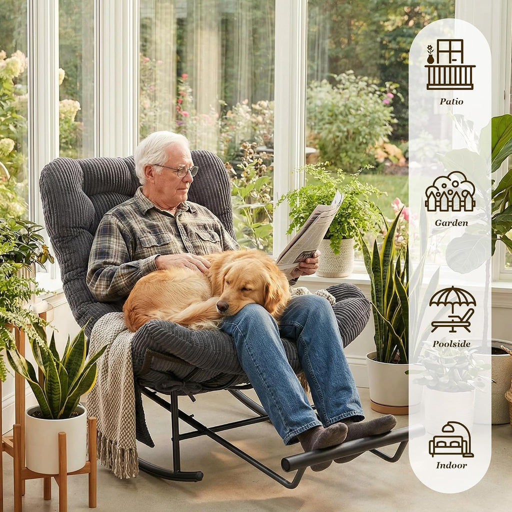 Rocking Chair Indoor & Outdoor, Oversized Patio Papasan Recliner Chair with Footstool Pillow & Side Pocket for Bedroom, Living Room, Garden, Balcony, Lawn (Dark Grey)