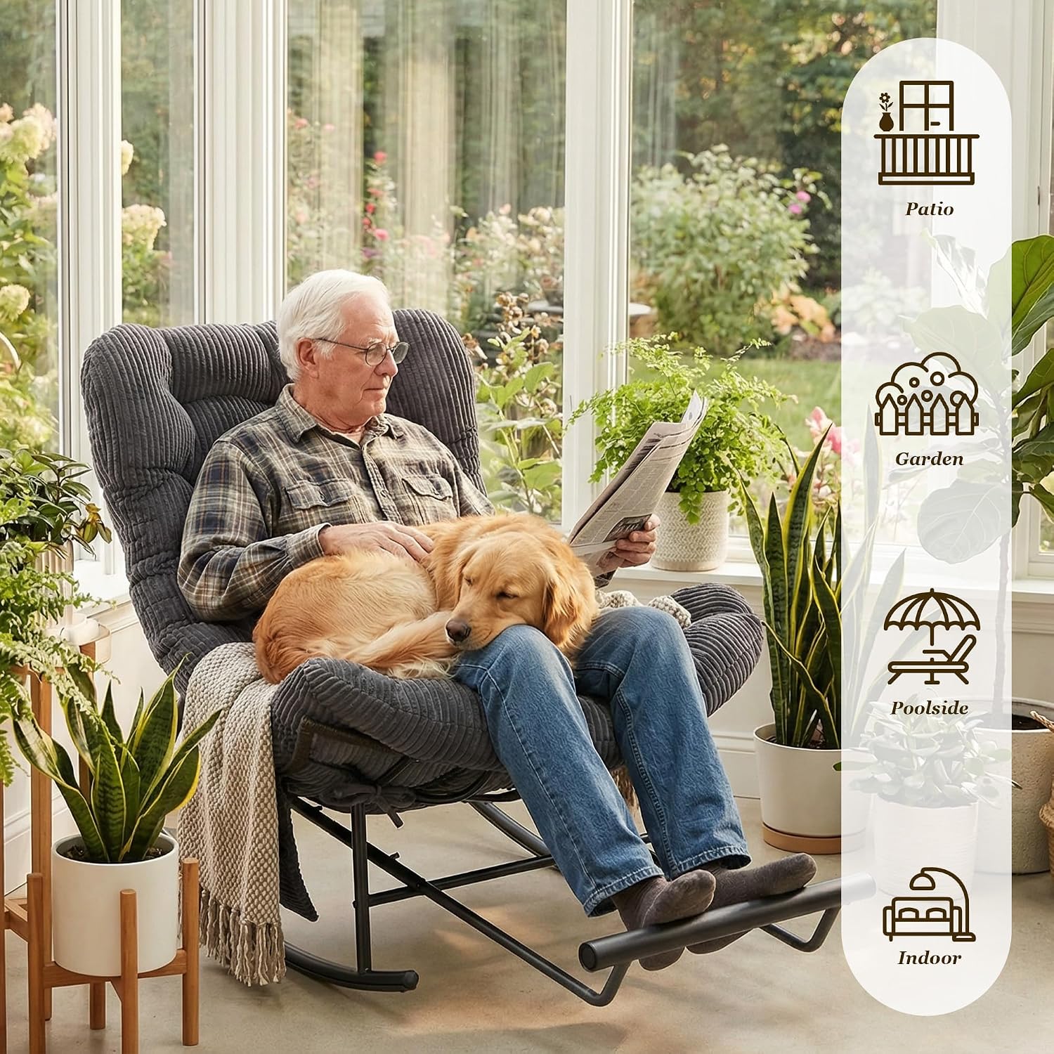 Rocking Chair Indoor & Outdoor, Oversized Patio Papasan Recliner Chair with Footstool Pillow & Side Pocket for Bedroom, Living Room, Garden, Balcony, Lawn (Dark Grey)