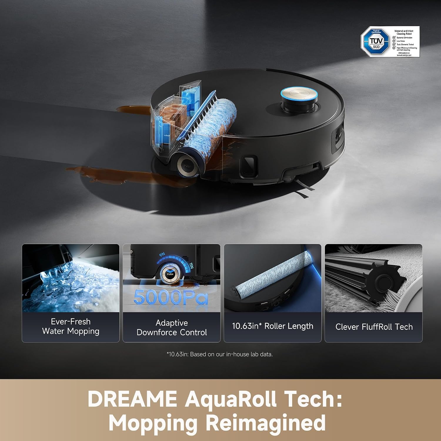 DREAME Aqua10 Ultra Roller Complete Robot Vacuum and Mop & 30,000Pa Suction, Self-Cleaning Dock & Extending Roller Mop, Heat-Washes & Dries, Carpet Protection, AI Camera & LiDAR Avoidance Tech (Black)