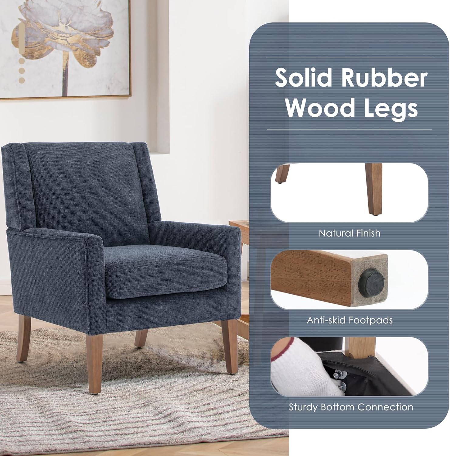 COLAMY Modern Wingback Living Room Chair Set of 2, Upholstered Fabric Accent Armchair, Single Sofa Chair with Lounge Seat and Wood Legs for Bedroom/Office/Reading Spaces, Blue