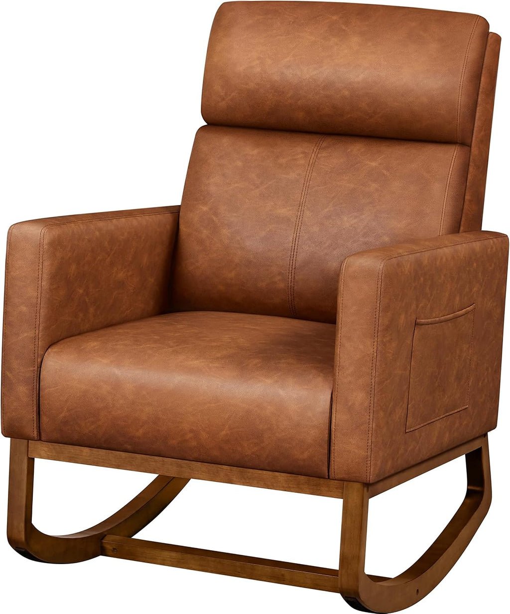 Topeakmart Nursery Rocking Chair, PU Leather Modern Accent Chair with Wood Legs Side Pocket Armchair Glider Rocker for Nursery Living Room Bedroom Lounge, Brown