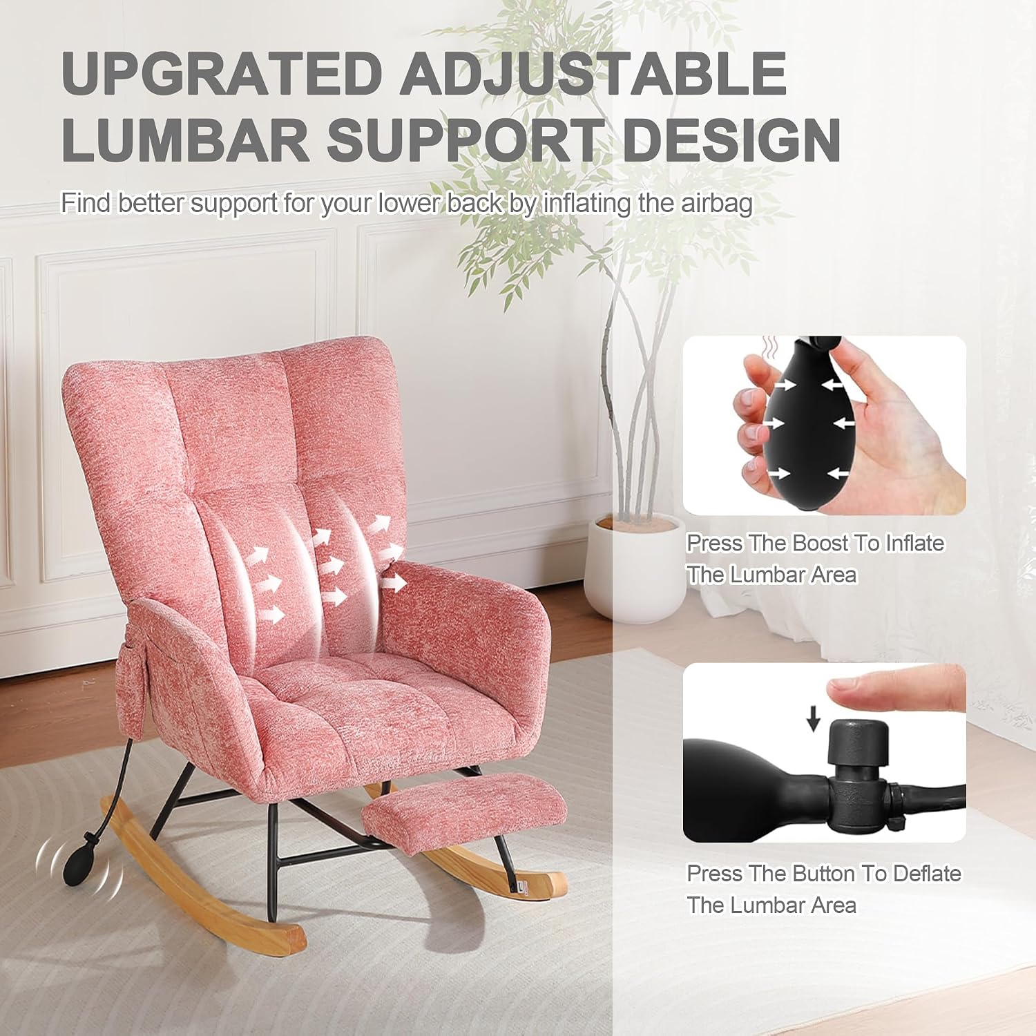 Rocking Chair Nursery with Airbag, Comfy Modern Nursery Rocking Reading Chair Indoor with Footrest, Cozy Upholstered Glider Rocker Chairs for Living Room Bedroom Offices(Chenille, Pink)