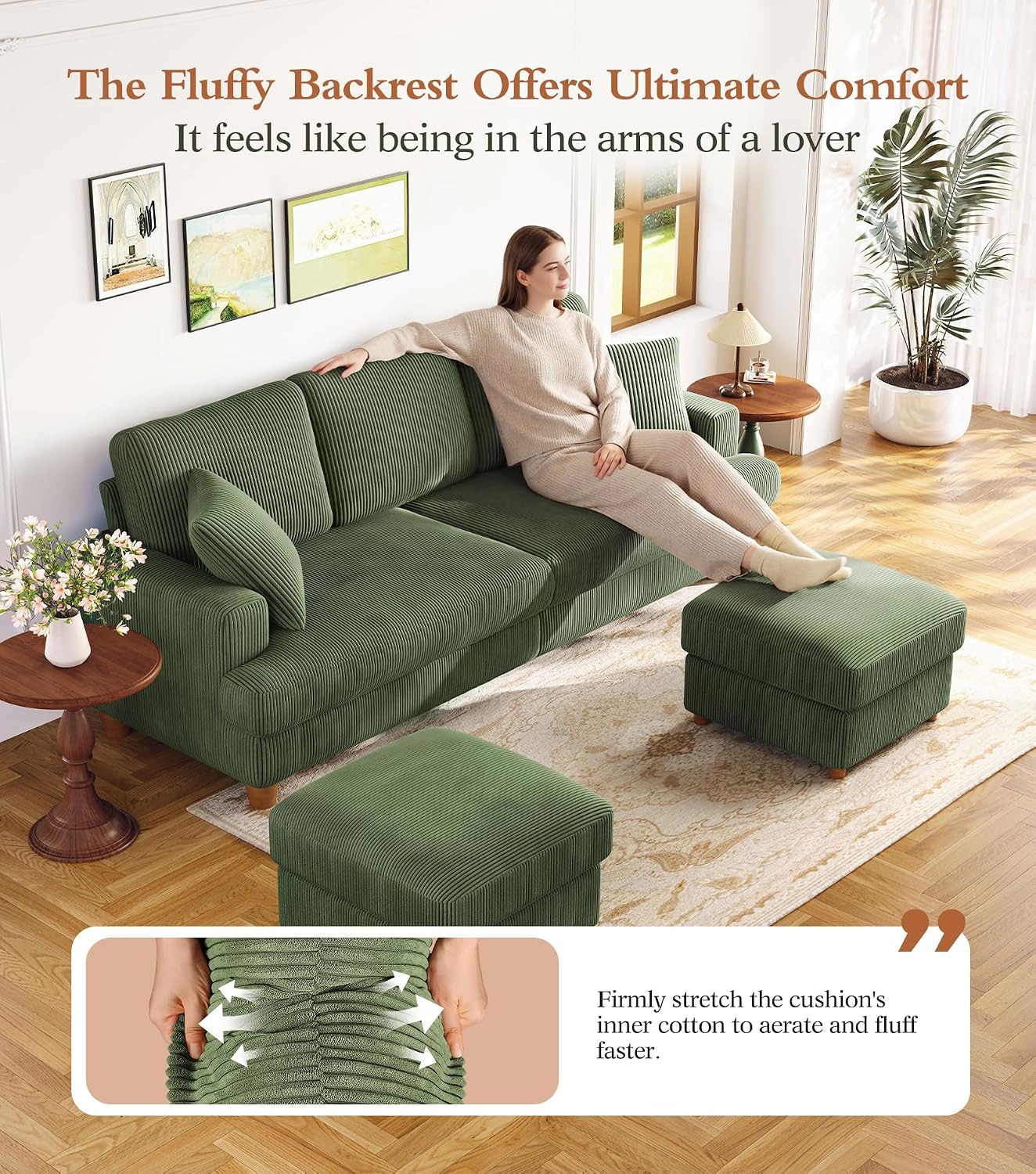 Kidirect 87in U Shaped Couch, Modular Sofa No Tool Assembly, Comfy Sectional Couches for Living Room 21in Deeper Seats, Corduroy Sofas for Living Room with 2 Pillows, Loveseat Sofa Set, Green Couch