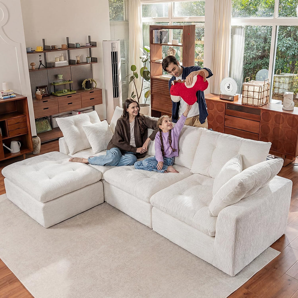 110' Cloud Sectional Couches L-Shaped Modular Boneless Chenille Sofa Couches with Deep Seat Ottoman and Side Pockets, Module Combination for Living Room 3 Seater
