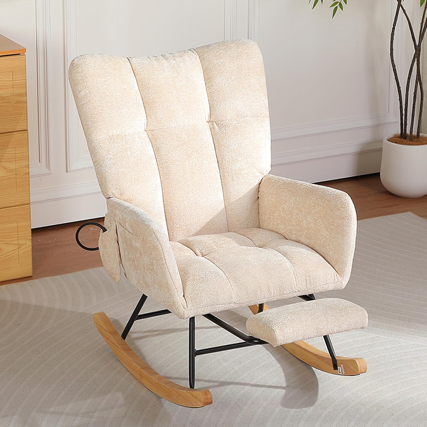Rocking Chair Nursery with Airbag, Comfy Modern Nursery Rocking Reading Chair Indoor with Footrest, Cozy Upholstered Glider Rocker Chairs for Living Room Bedroom Offices(Chenille, Beige)