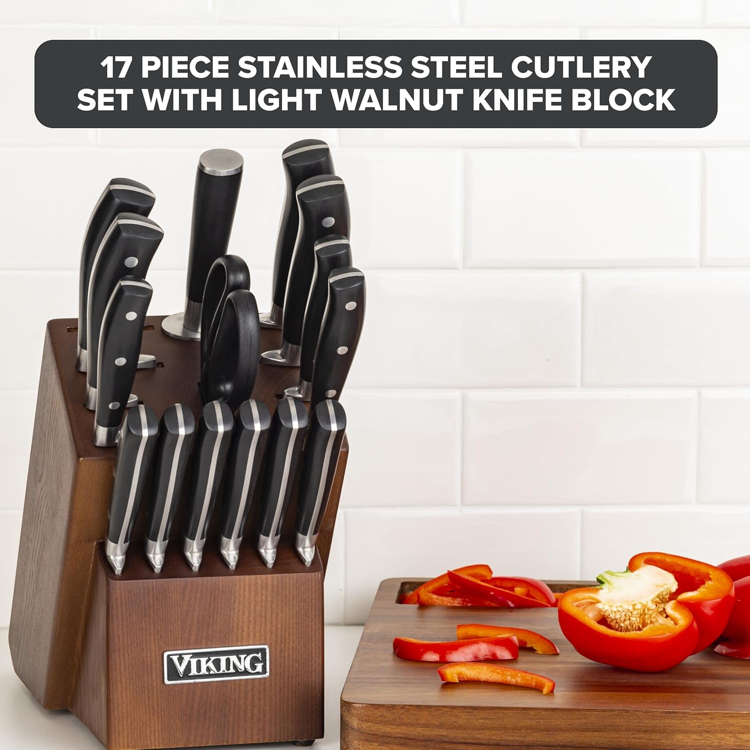 Viking 17 Piece Kitchen Knife Set with Light Walnut Block, Cutlery Set with Stainless Steel Blades and Ergonomic Handles, Dishwasher Safe