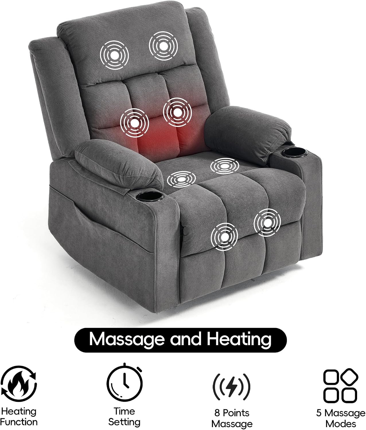 Swivel Rocker Recliner Chair with Massage and Heating,Cup Holders,Glider Recliner for Adults,Soft Fabric Living Room Nursing Reclining Sofa Chair