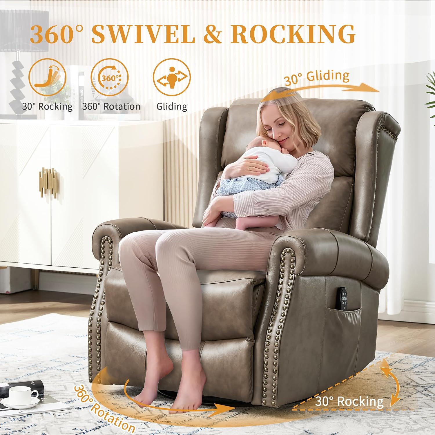 360° Swivel Glider Chair for Nursery, Wingback Genuine Leather Rocking Recliner with Lumbar Heat & Massage, 8-Point Vibration Massage for Living Room Bedroom