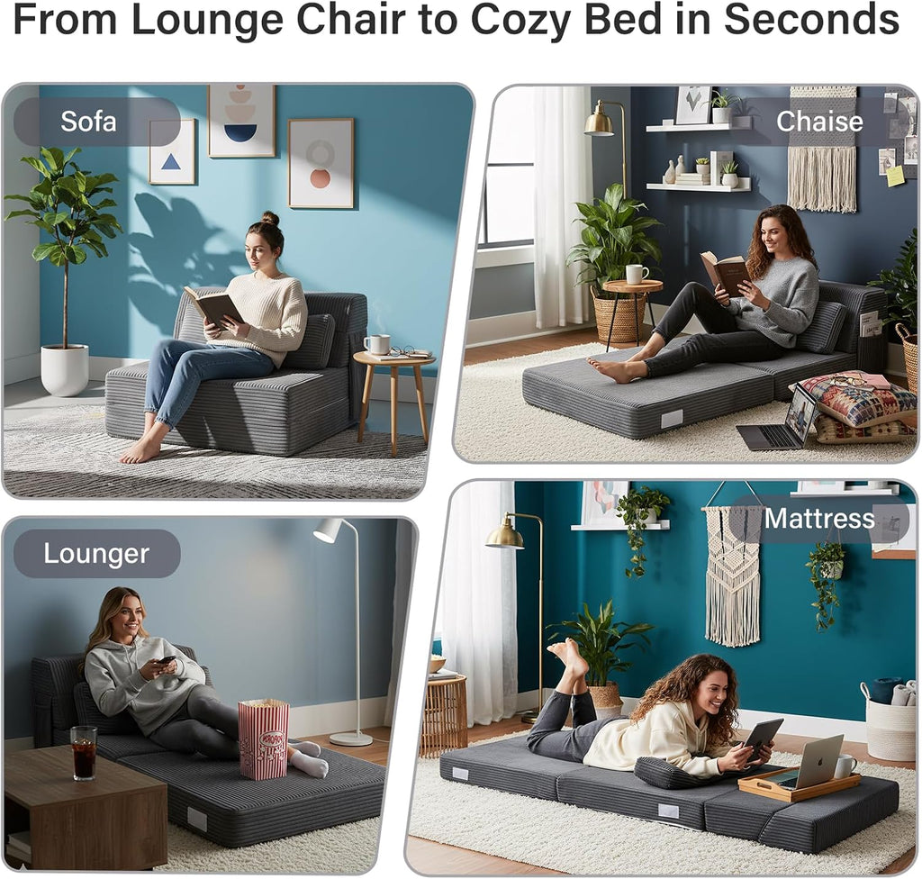 Folding Sofa Bed with Pillow, Convertible Sleeper Chair, Comfy Floor Futon Couch Mattress Lounge Lounge Sofa for Adults Portable Fold Out Chair Bed for Living Room Bedroom, Single, Gray