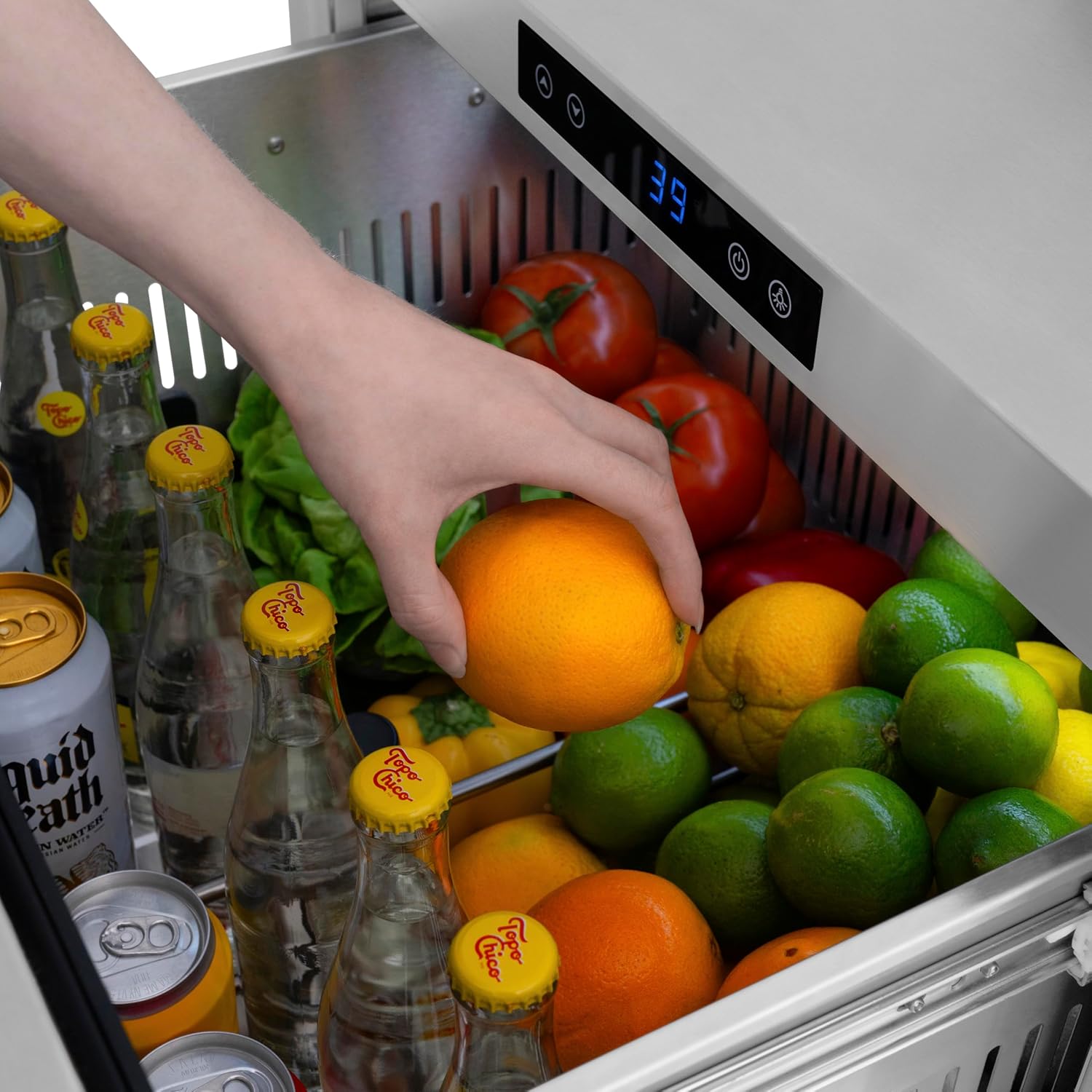 ZLINE Autograph Edition 24 in. Touchstone 168 Can Outdoor-Rated Dual Refrigerator Drawer with White Matte Doors and Polished Gold Handles (RDSOZ-WM-24-G)