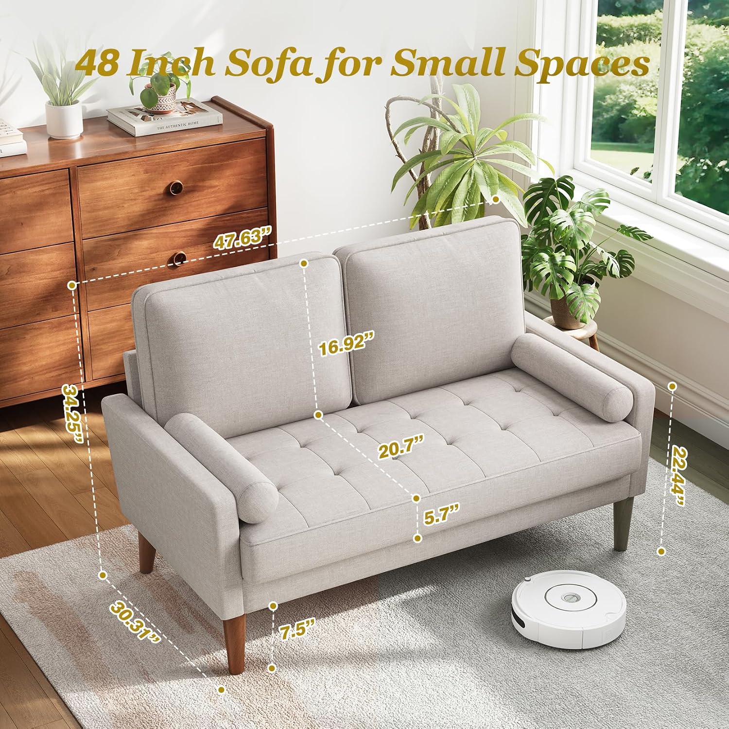 Vesgantti Loveseat Sofa with Solid Wood Legs, 48' Small Couches for Small Spaces, Love Seat for Living Room, Bedroom, Easy Assembly Mid Century Modern Couch with Throw Pillow for Apartment, Ashbeige