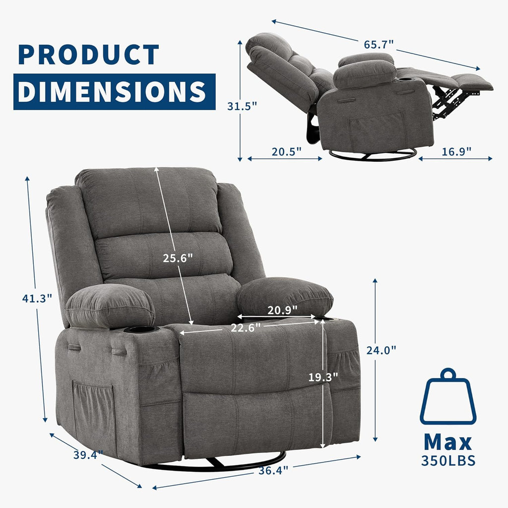 360° Swivel Recliner Chair for Adult, Linen Rocker Chair with 3 Positions/2 Side Pockets/Cup Holders, Manual Nursery Glider Rocking Chair for Bedroom Living Room Office