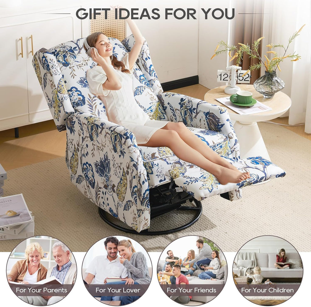 Floral Accent Swivel Rocker Recliner, Wingback Recliner Chair with Padded Seat, High Back Upholstered Armchair for Living Room, Bedroom, Home Ofiice, Blue Floral