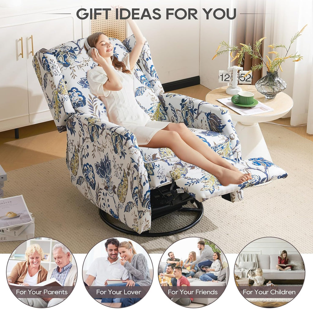Swivel Rocker Recliner,Wingback Recliner Chair,Floral Accent Chair Fabric Chair with High Back,Padded Seat for Living Room,Bedroom, Home Office (Blue)