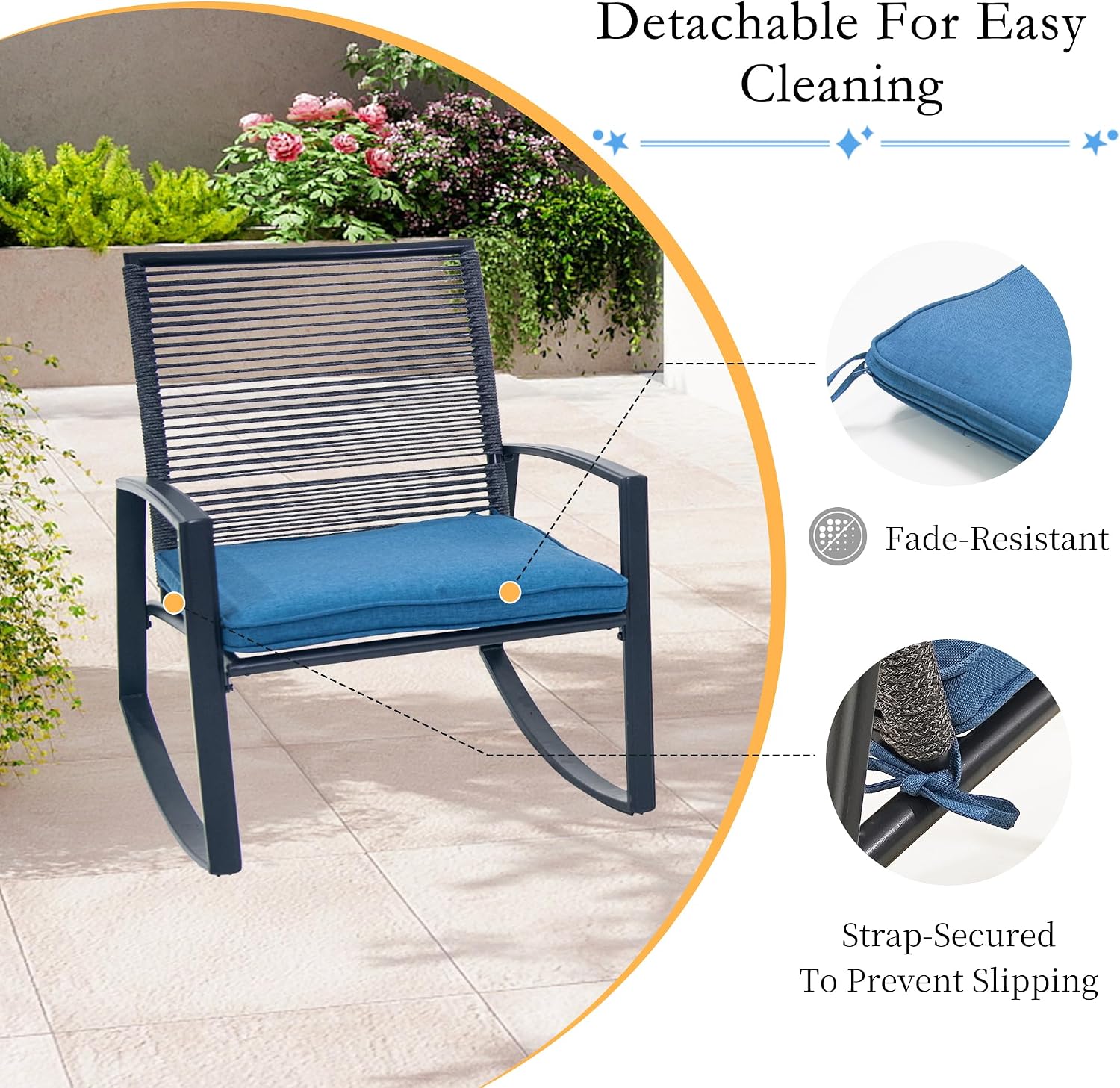 Domi Outdoor 3-Piece Wicker Rocking Chair Set, Patio Conversation Set with Removable Textilene Cushions & Metal Coffee Table, All-Weather Outside Chair Set of 3 for Balcony, Backyard, Pool, Blue